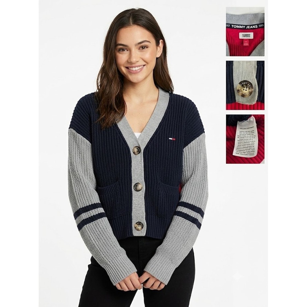 Tommy Jeans Colorblock Cardigan Sweater Womens M Medium Red Navy Blue Knit Crop